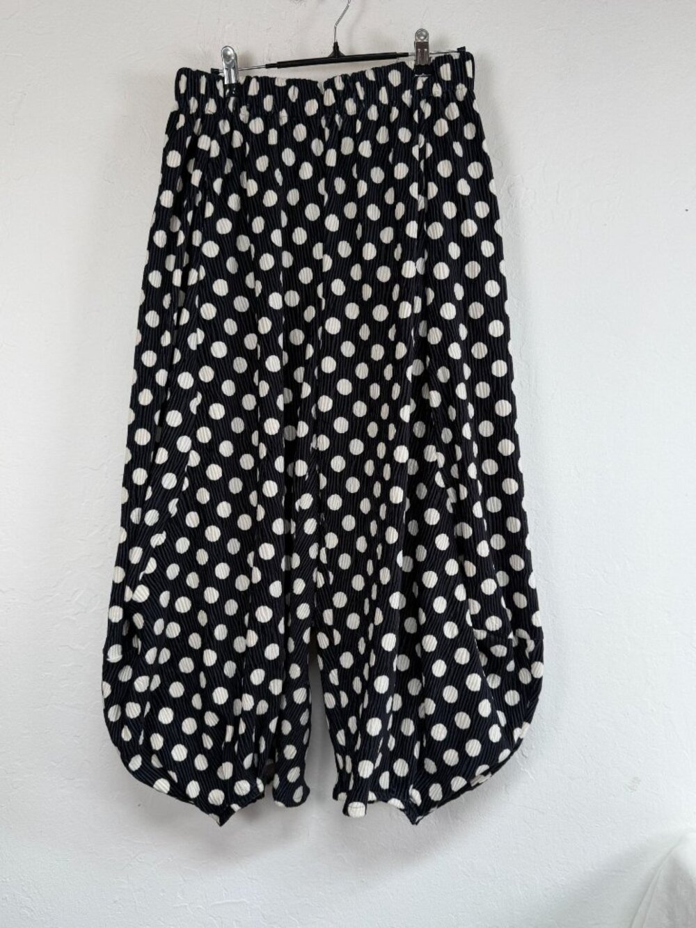 Imakokoni Womens Black White Polka Dot Pleated Plisse Harem Pants Wide Leg Large